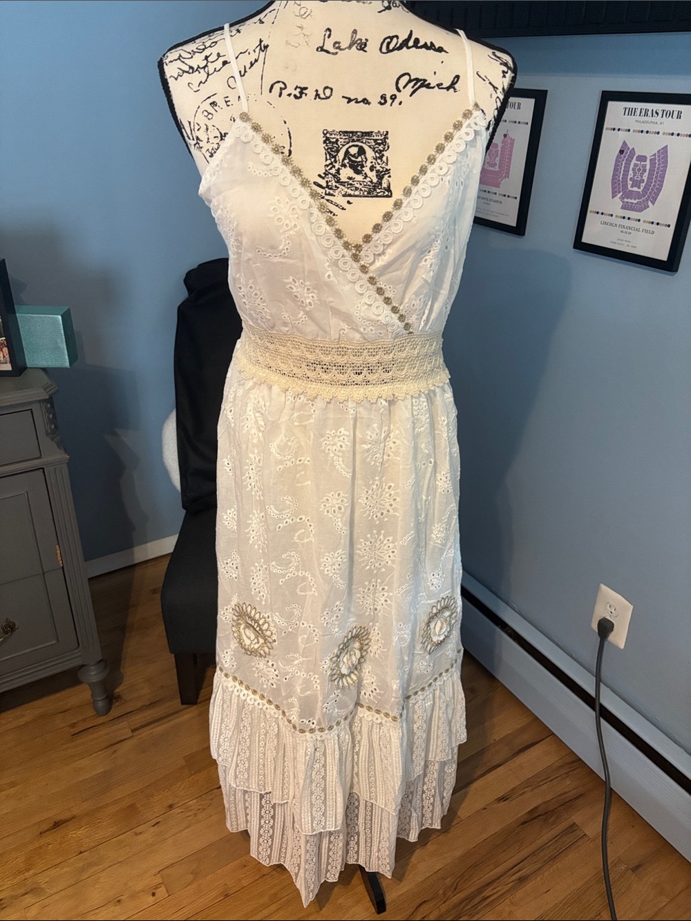 White Embroidered Eyelet Wrap Midi Dress with Smocked Waist